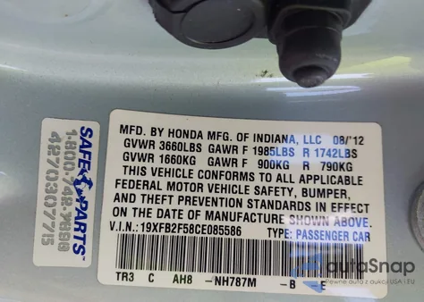 2012 Honda Civic Lx from USA, damaged, VIN 19XFB2F58CE085586